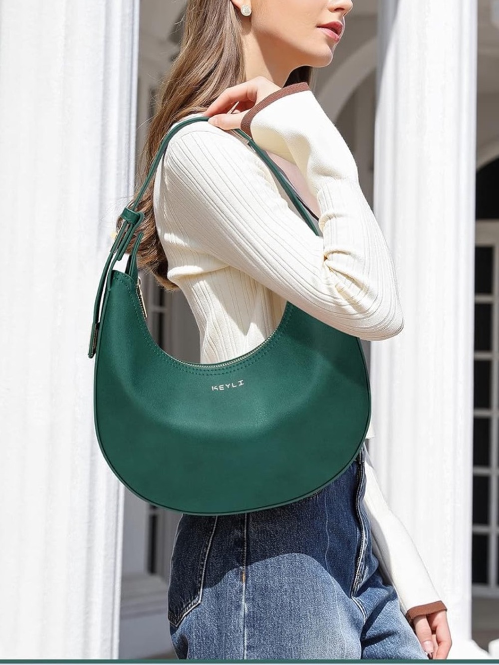 Minimal Crescent Shoulder Bag in Deep Green